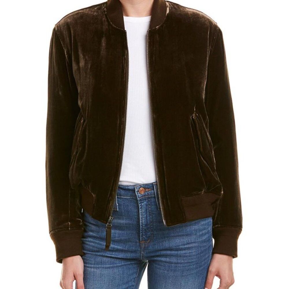 VINCE Chocolate Brown Velvet Bomber Jacket XS Silk Blend EUC Full Zip